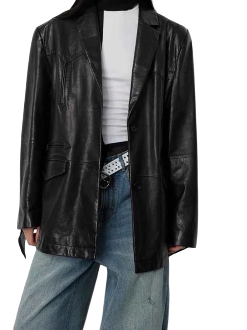 Black Leather Blazer Jacket - Women